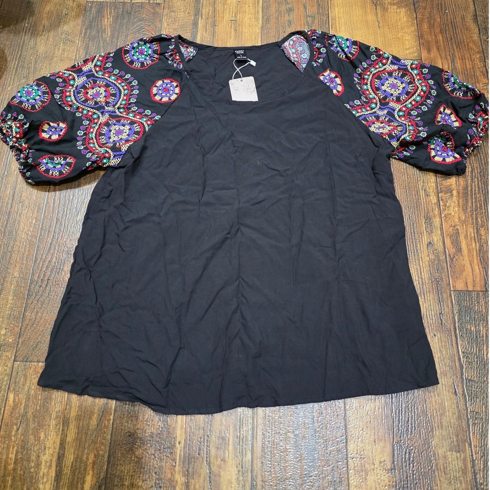 Emery Rose Blouse Peasant‎ Top Colorful Sleeve Accents Black Tunic L NWT